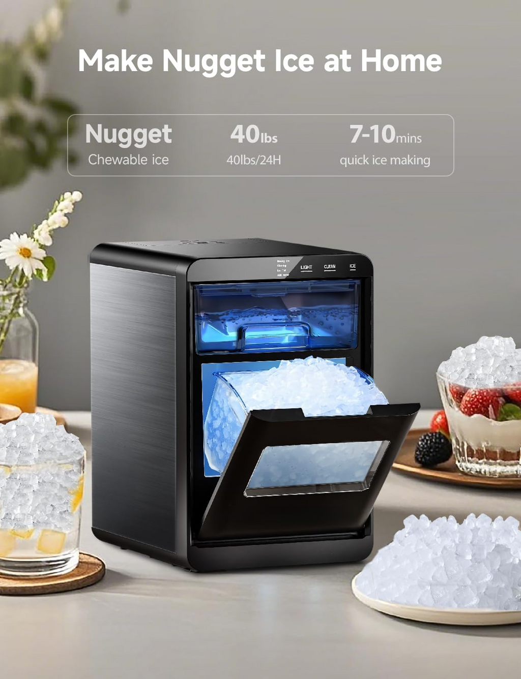 Limited Time 50% Discount | 40Lbs/24H Countertop Nugget Ice Maker, Self‑Cleaning Portable Ice Machine for Home Kitchen Office