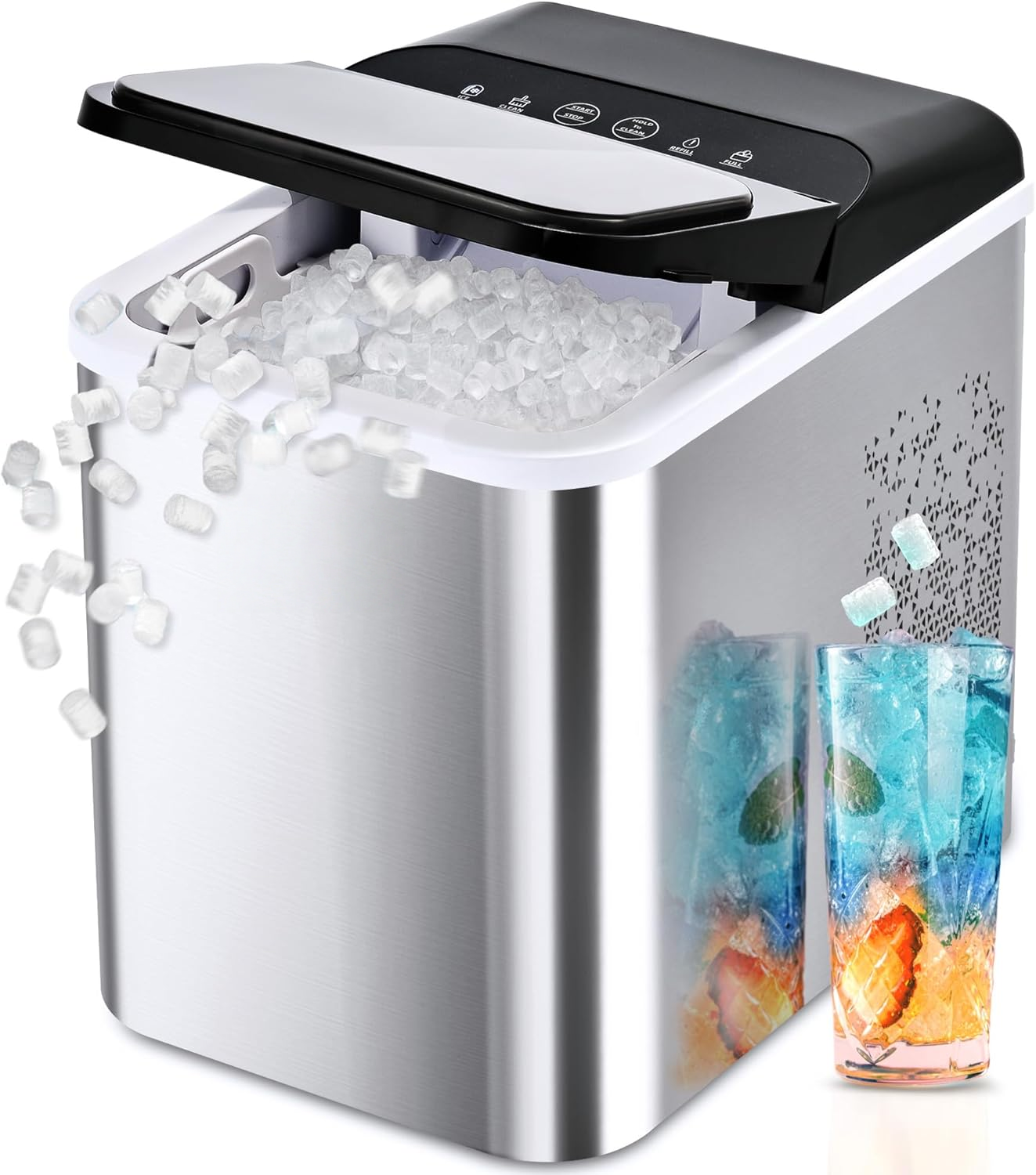 Countertop Nugget Ice Maker, Ready in 8 Mins, 35lbs/24H, Self‑Cleaning Portable Sonic Ice Machine with Ice Scoop & Basket, Chewable Pellet Ice for Home Party RV Camping