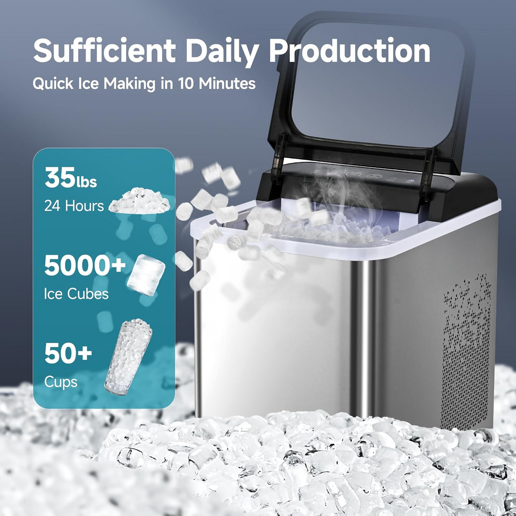 Countertop Nugget Ice Maker, Ready in 8 Mins, 35lbs/24H, Self‑Cleaning Portable Sonic Ice Machine with Ice Scoop & Basket, Chewable Pellet Ice for Home Party RV Camping