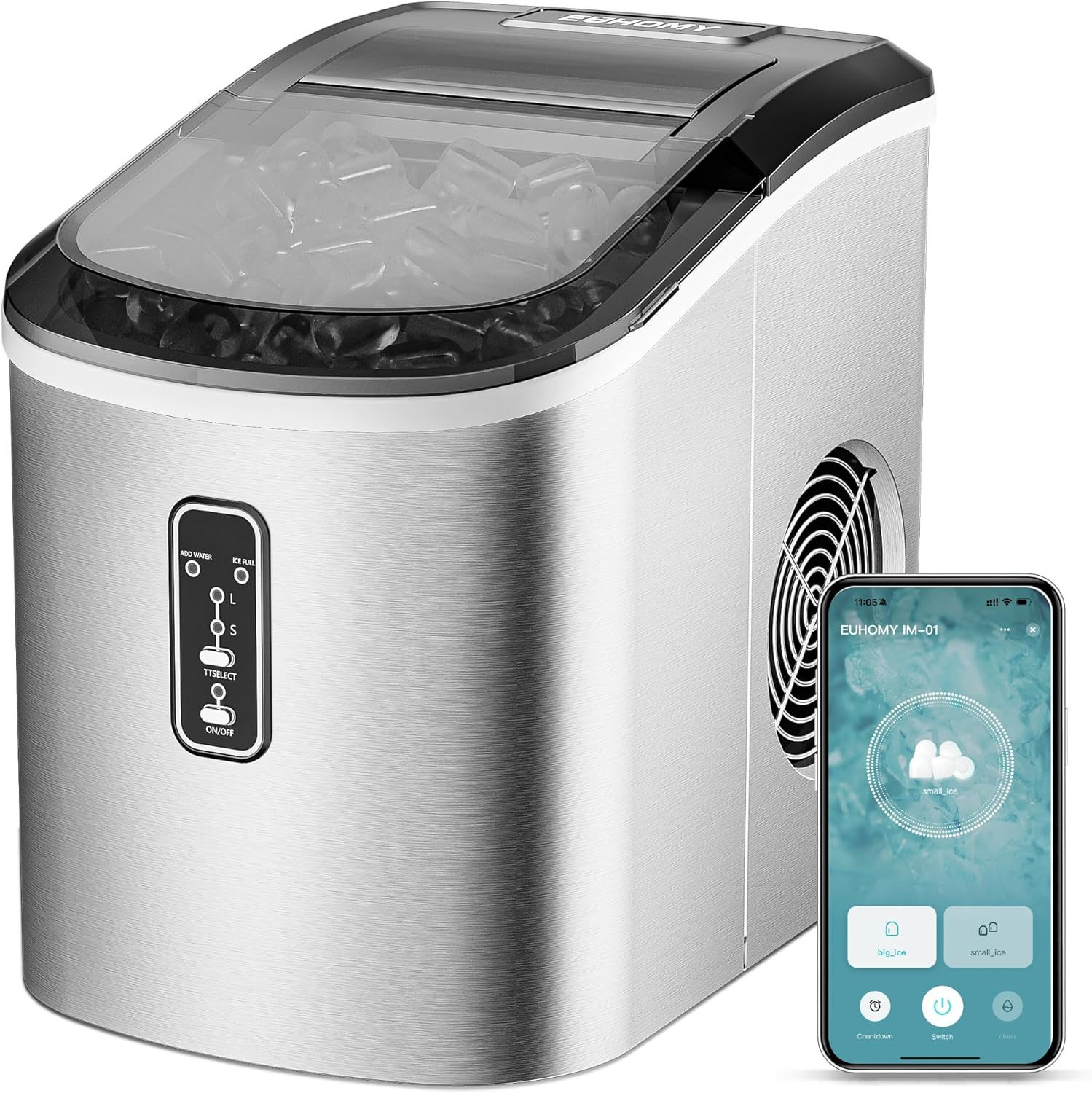 Silver Smart Countertop Ice Maker, 26lbs/24H Ice Production, 9 Cubes Ready in 8 Mins, Self‑Cleaning Portable Ice Machine with Ice Scoop and Basket for Home Kitchen Office