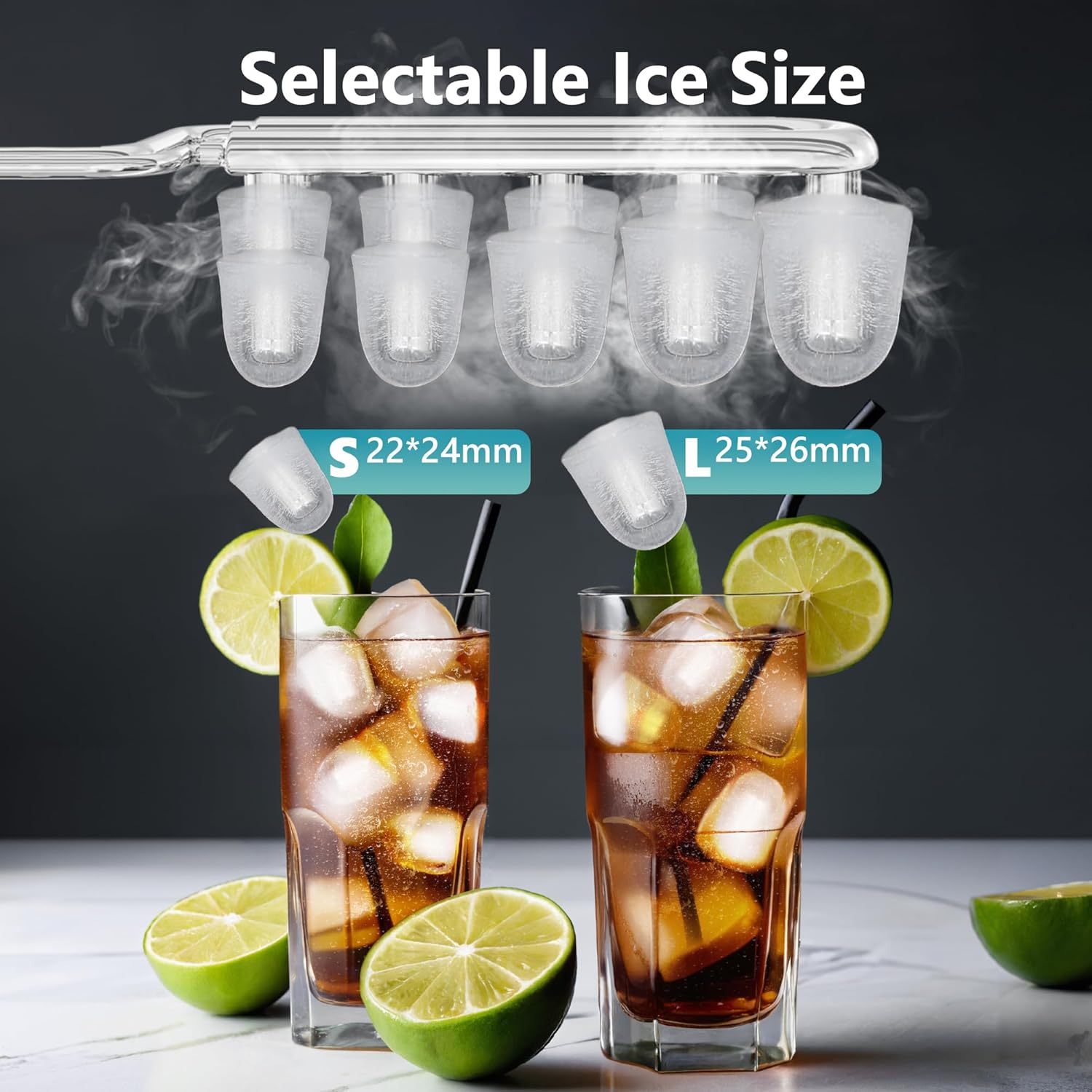 Silver Smart Countertop Ice Maker, 26lbs/24H Ice Production, 9 Cubes Ready in 8 Mins, Self‑Cleaning Portable Ice Machine with Ice Scoop and Basket for Home Kitchen Office