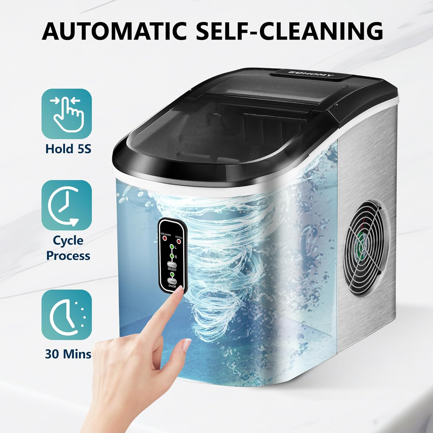 Silver Smart Countertop Ice Maker, 26lbs/24H Ice Production, 9 Cubes Ready in 8 Mins, Self‑Cleaning Portable Ice Machine with Ice Scoop and Basket for Home Kitchen Office