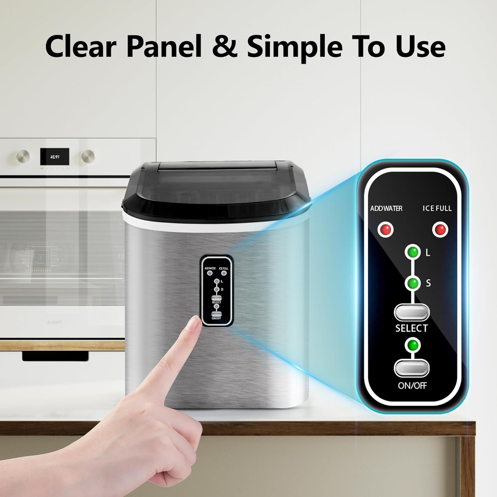 Silver Smart Countertop Ice Maker, 26lbs/24H Ice Production, 9 Cubes Ready in 8 Mins, Self‑Cleaning Portable Ice Machine with Ice Scoop and Basket for Home Kitchen Office