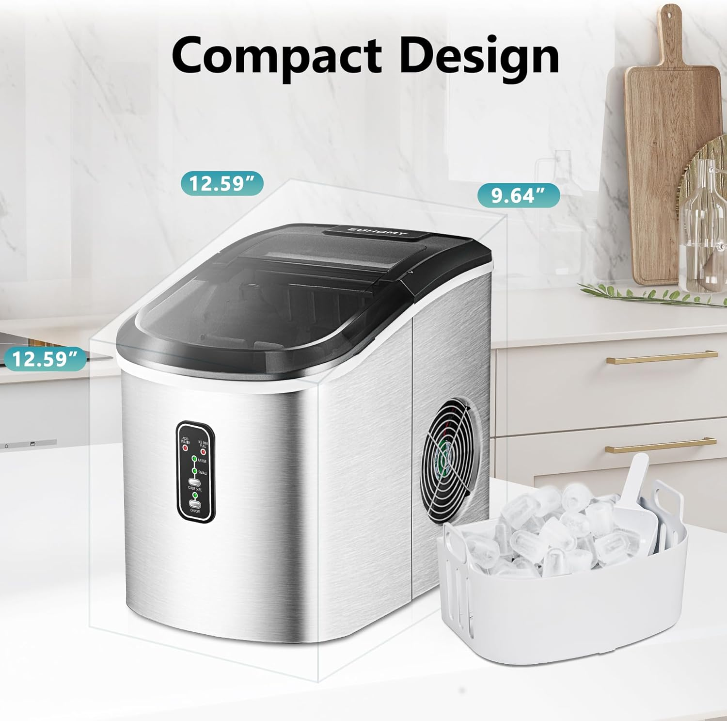 Silver Smart Countertop Ice Maker, 26lbs/24H Ice Production, 9 Cubes Ready in 8 Mins, Self‑Cleaning Portable Ice Machine with Ice Scoop and Basket for Home Kitchen Office