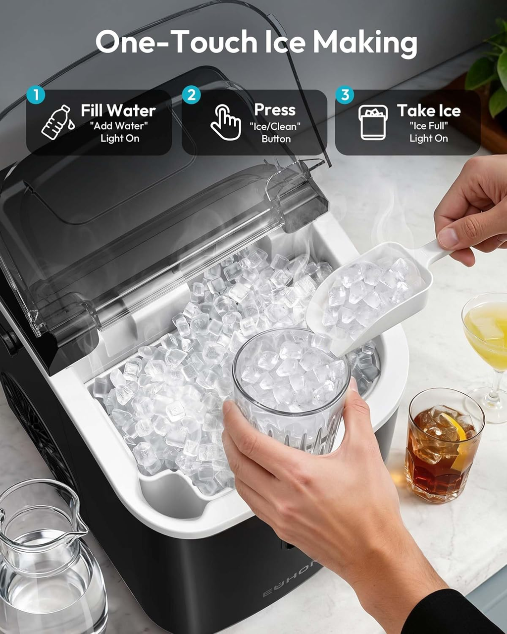Black Countertop Nugget Ice Maker with Carry Handle, Ready in 6 Mins, 34lbs Per Day, Removable Top Cover & Self‑Cleaning, Portable Sonic Ice Maker with Basket and Scoop for Home Party RV Camping