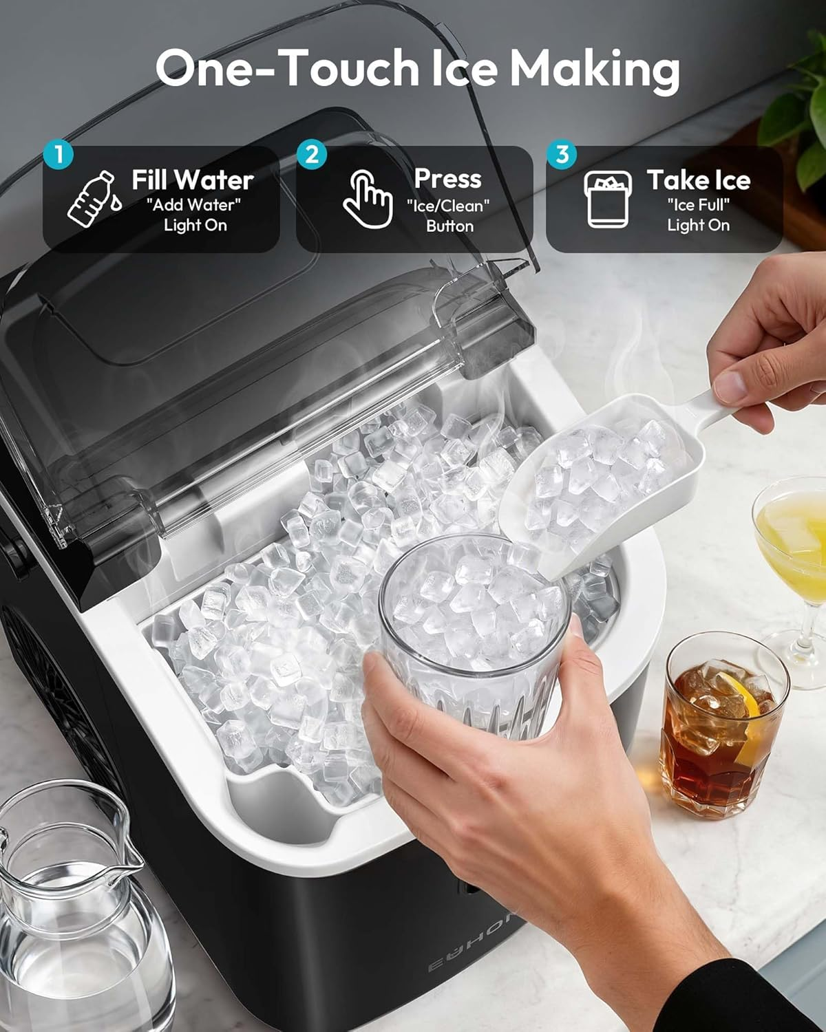 Black Countertop Nugget Ice Maker with Carry Handle, Ready in 6 Mins, 34lbs Per Day, Removable Top Cover & Self‑Cleaning, Portable Sonic Ice Maker with Basket and Scoop for Home Party RV Camping