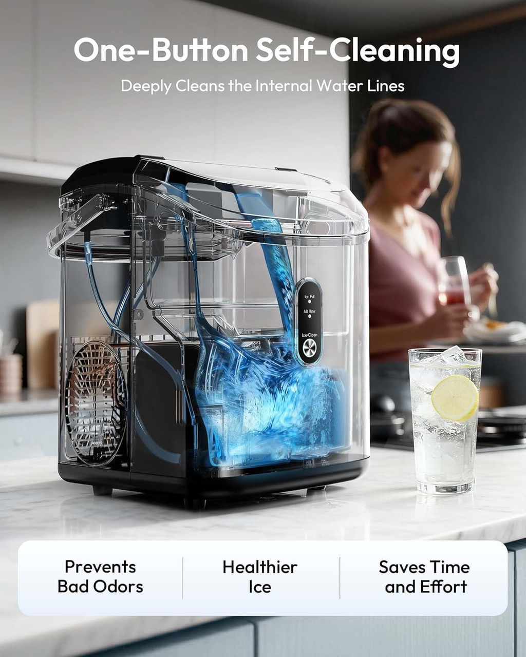 Black Countertop Nugget Ice Maker with Carry Handle, Ready in 6 Mins, 34lbs Per Day, Removable Top Cover & Self‑Cleaning, Portable Sonic Ice Maker with Basket and Scoop for Home Party RV Camping
