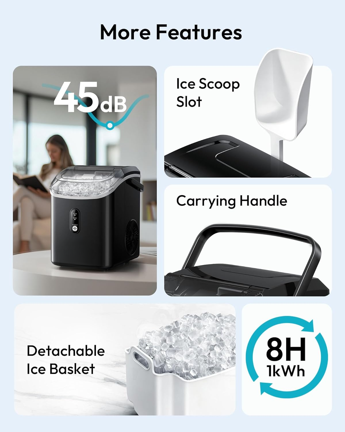 Black Countertop Nugget Ice Maker with Carry Handle, Ready in 6 Mins, 34lbs Per Day, Removable Top Cover & Self‑Cleaning, Portable Sonic Ice Maker with Basket and Scoop for Home Party RV Camping