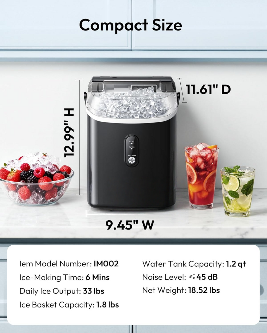 Black Countertop Nugget Ice Maker with Carry Handle, Ready in 6 Mins, 34lbs Per Day, Removable Top Cover & Self‑Cleaning, Portable Sonic Ice Maker with Basket and Scoop for Home Party RV Camping