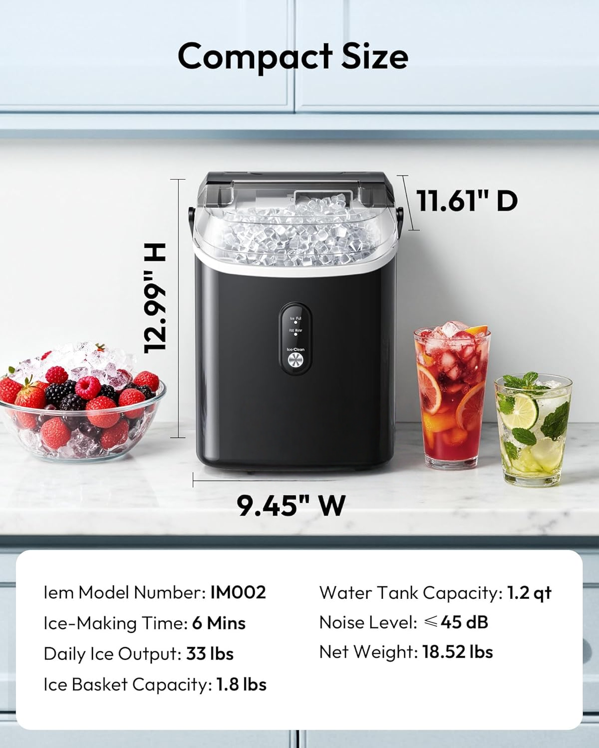 Black Countertop Nugget Ice Maker with Carry Handle, Ready in 6 Mins, 34lbs Per Day, Removable Top Cover & Self‑Cleaning, Portable Sonic Ice Maker with Basket and Scoop for Home Party RV Camping