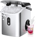 Countertop Nugget Ice Maker with Carry Handle, Ready in 6 Mins, 34lbs Per Day, Removable Top Cover & Auto‑Cleaning, Portable Sonic Ice Maker with Basket and Scoop for Home Party RV Camping