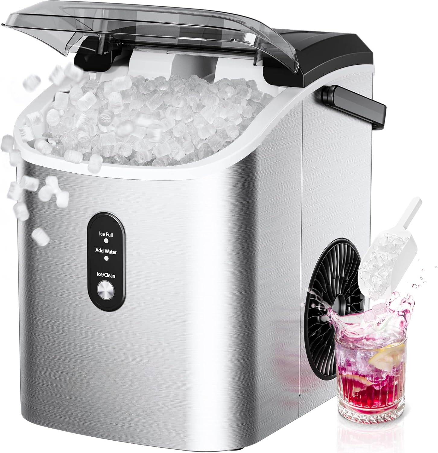 Countertop Nugget Ice Maker with Carry Handle, Ready in 6 Mins, 34lbs Per Day, Removable Top Cover & Auto‑Cleaning, Portable Sonic Ice Maker with Basket and Scoop for Home Party RV Camping
