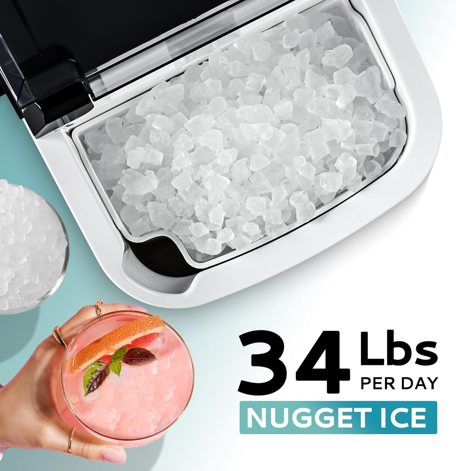 Countertop Nugget Ice Maker with Carry Handle, Ready in 6 Mins, 34lbs Per Day, Removable Top Cover & Auto‑Cleaning, Portable Sonic Ice Maker with Basket and Scoop for Home Party RV Camping