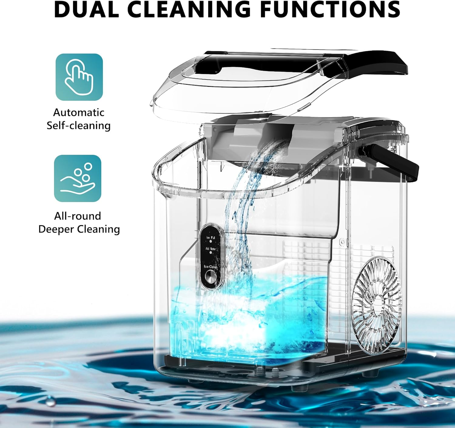 Countertop Nugget Ice Maker with Carry Handle, Ready in 6 Mins, 34lbs Per Day, Removable Top Cover & Auto‑Cleaning, Portable Sonic Ice Maker with Basket and Scoop for Home Party RV Camping