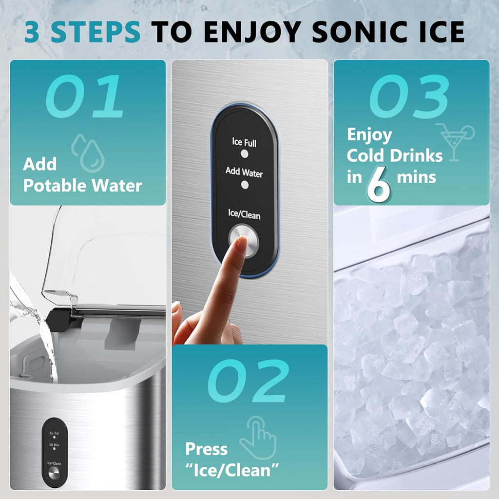 Countertop Nugget Ice Maker with Carry Handle, Ready in 6 Mins, 34lbs Per Day, Removable Top Cover & Auto‑Cleaning, Portable Sonic Ice Maker with Basket and Scoop for Home Party RV Camping