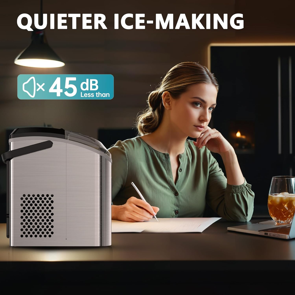 Countertop Nugget Ice Maker with Carry Handle, Ready in 6 Mins, 34lbs Per Day, Removable Top Cover & Auto‑Cleaning, Portable Sonic Ice Maker with Basket and Scoop for Home Party RV Camping