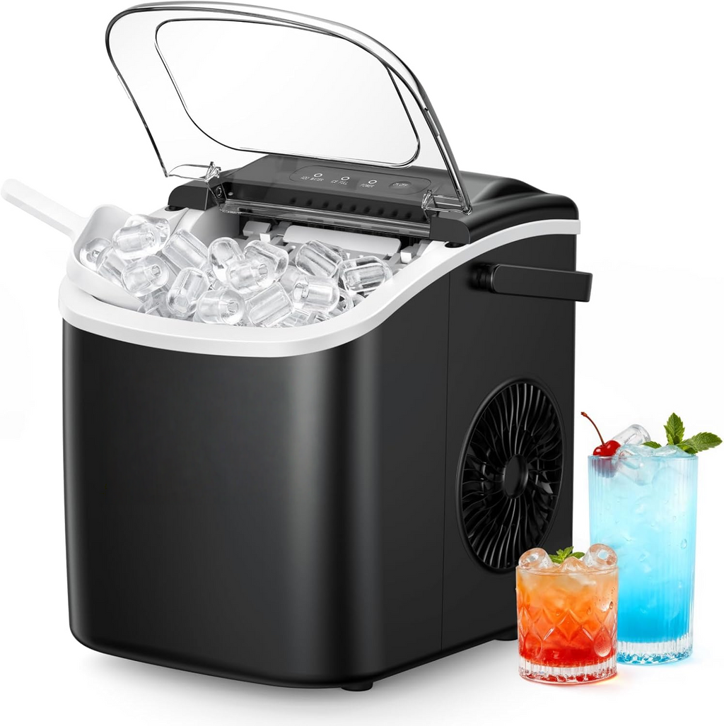 Black Countertop Ice Maker Machine with Carry Handle, 26lbs/24Hrs Production, 9 Ice Cubes Ready in 6 Mins, Auto‑Cleaning Portable Ice Maker with Basket and Scoop for Home Kitchen Camping RV