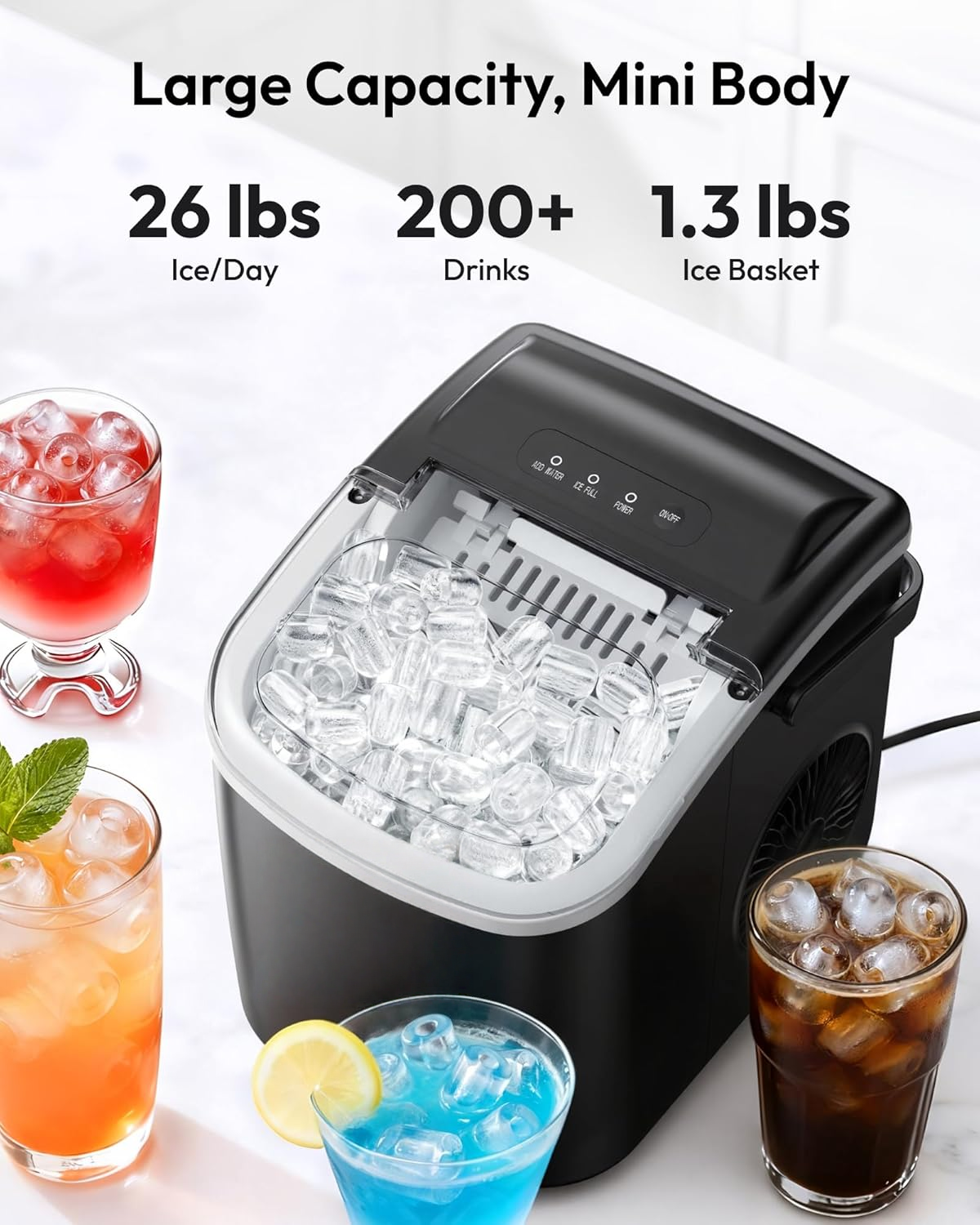 Black Countertop Ice Maker Machine with Carry Handle, 26lbs/24Hrs Production, 9 Ice Cubes Ready in 6 Mins, Auto‑Cleaning Portable Ice Maker with Basket and Scoop for Home Kitchen Camping RV
