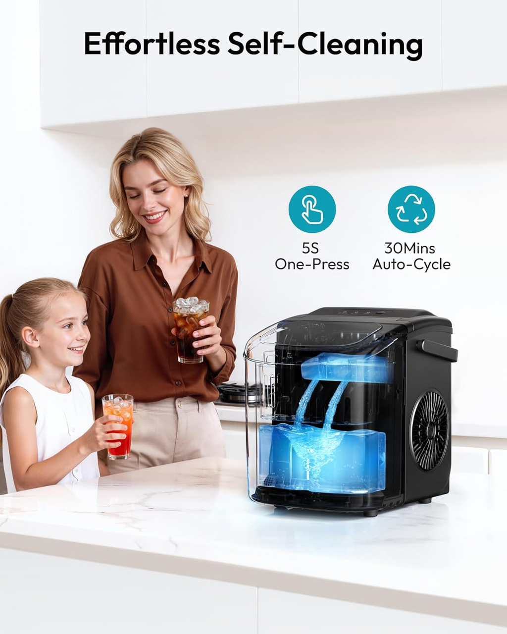 Black Countertop Ice Maker Machine with Carry Handle, 26lbs/24Hrs Production, 9 Ice Cubes Ready in 6 Mins, Auto‑Cleaning Portable Ice Maker with Basket and Scoop for Home Kitchen Camping RV