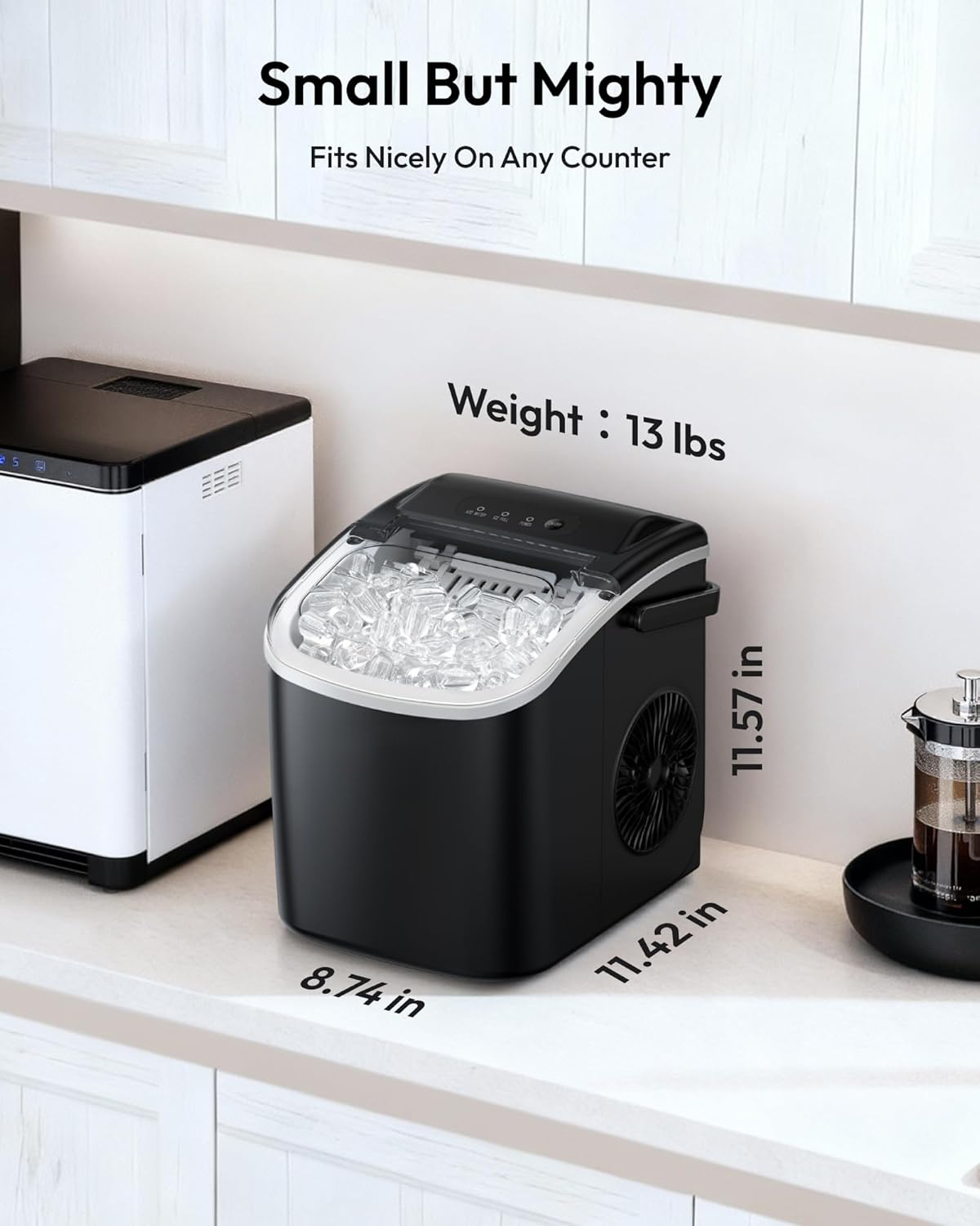 Black Countertop Ice Maker Machine with Carry Handle, 26lbs/24Hrs Production, 9 Ice Cubes Ready in 6 Mins, Auto‑Cleaning Portable Ice Maker with Basket and Scoop for Home Kitchen Camping RV