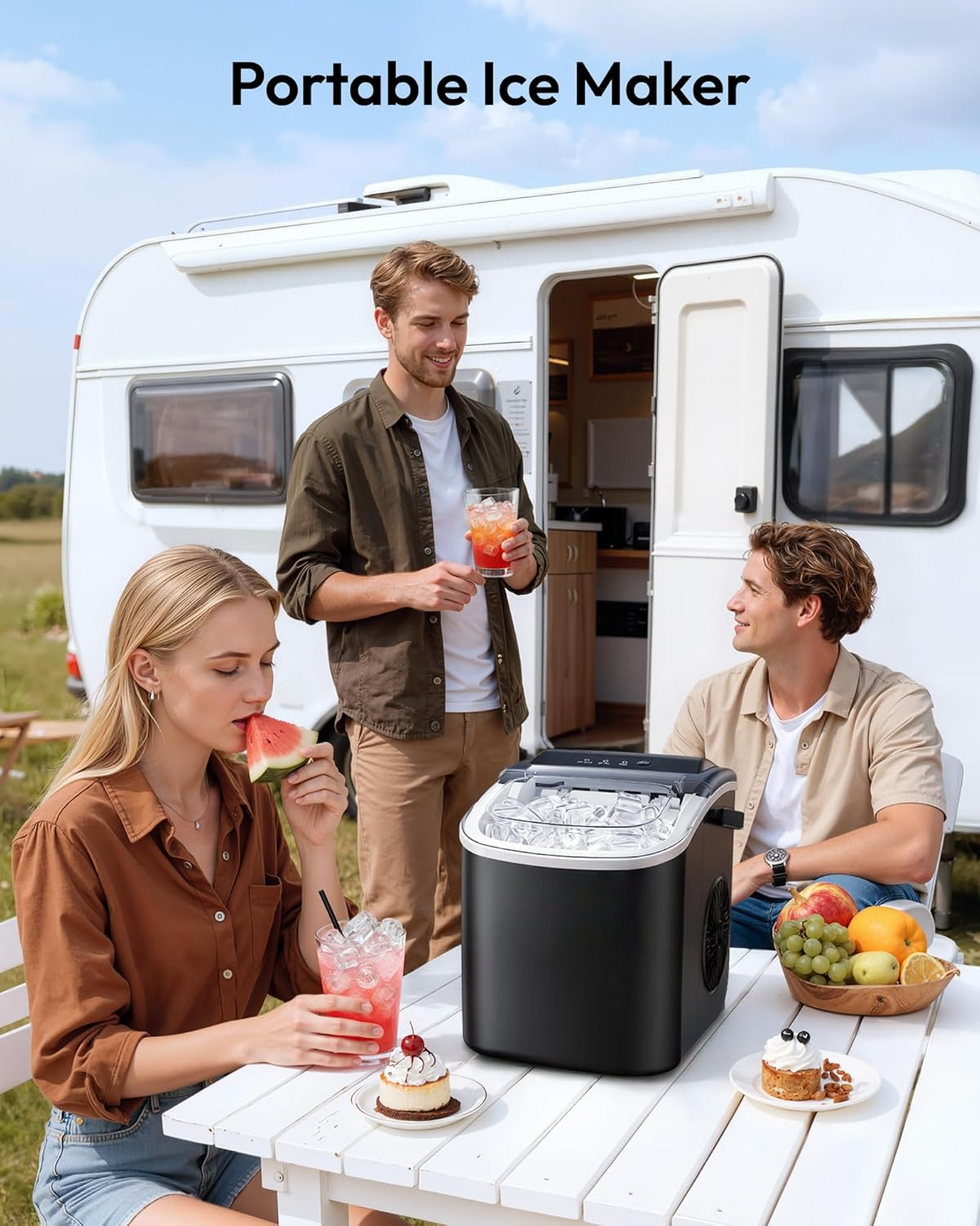 Black Countertop Ice Maker Machine with Carry Handle, 26lbs/24Hrs Production, 9 Ice Cubes Ready in 6 Mins, Auto‑Cleaning Portable Ice Maker with Basket and Scoop for Home Kitchen Camping RV