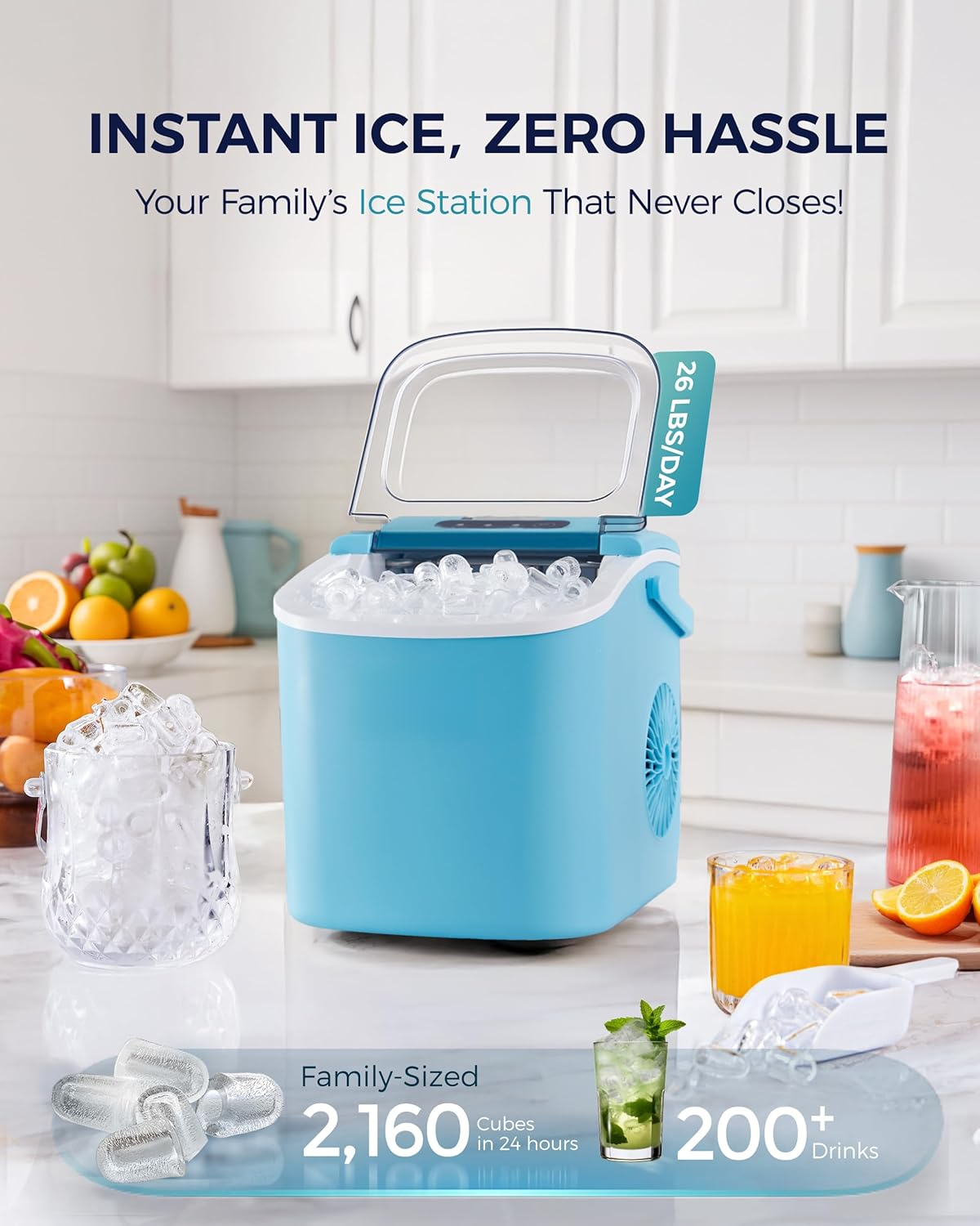 Countertop Ice Maker Machine with Carry Handle, 26lbs/24Hrs Production, 9 Ice Cubes Ready in 6 Mins, Auto‑Cleaning Portable Ice Maker with Basket and Scoop for Home Kitchen Camping RV