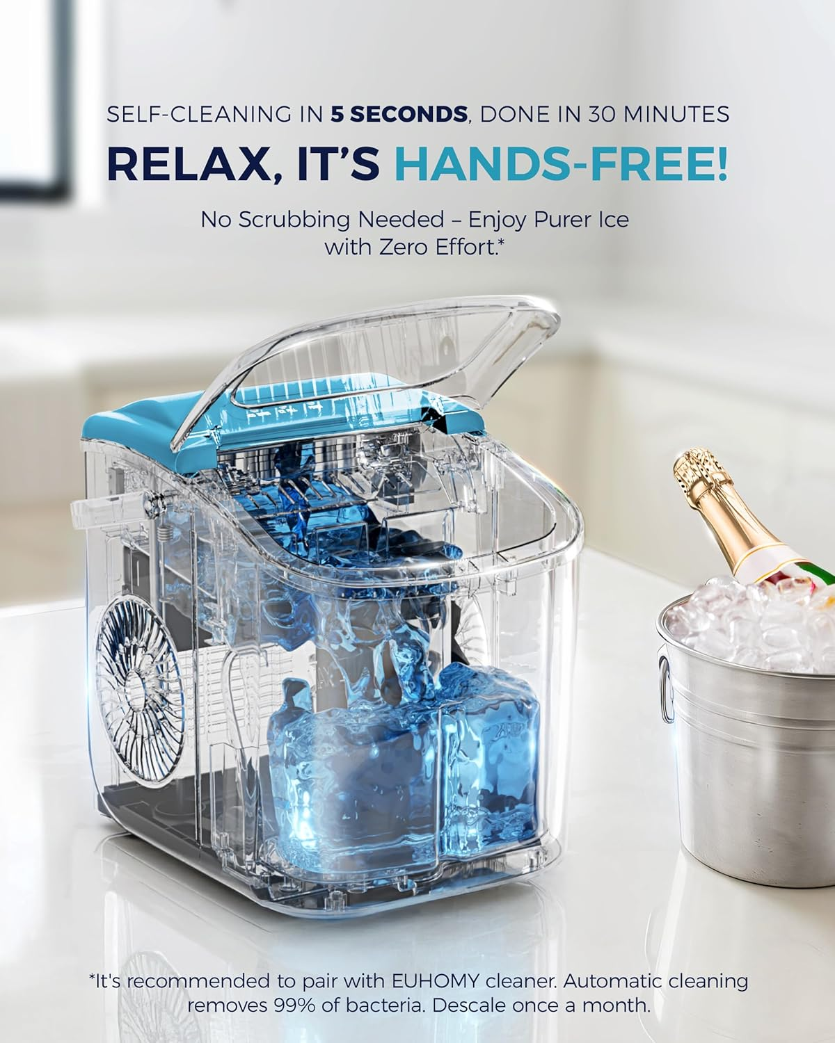 Countertop Ice Maker Machine with Carry Handle, 26lbs/24Hrs Production, 9 Ice Cubes Ready in 6 Mins, Auto‑Cleaning Portable Ice Maker with Basket and Scoop for Home Kitchen Camping RV