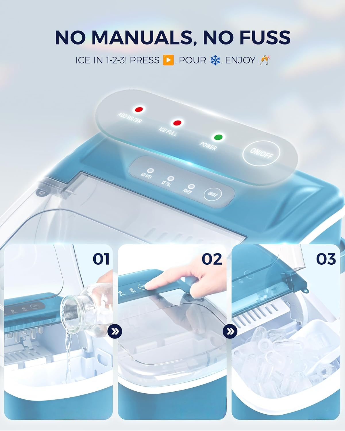 Countertop Ice Maker Machine with Carry Handle, 26lbs/24Hrs Production, 9 Ice Cubes Ready in 6 Mins, Auto‑Cleaning Portable Ice Maker with Basket and Scoop for Home Kitchen Camping RV
