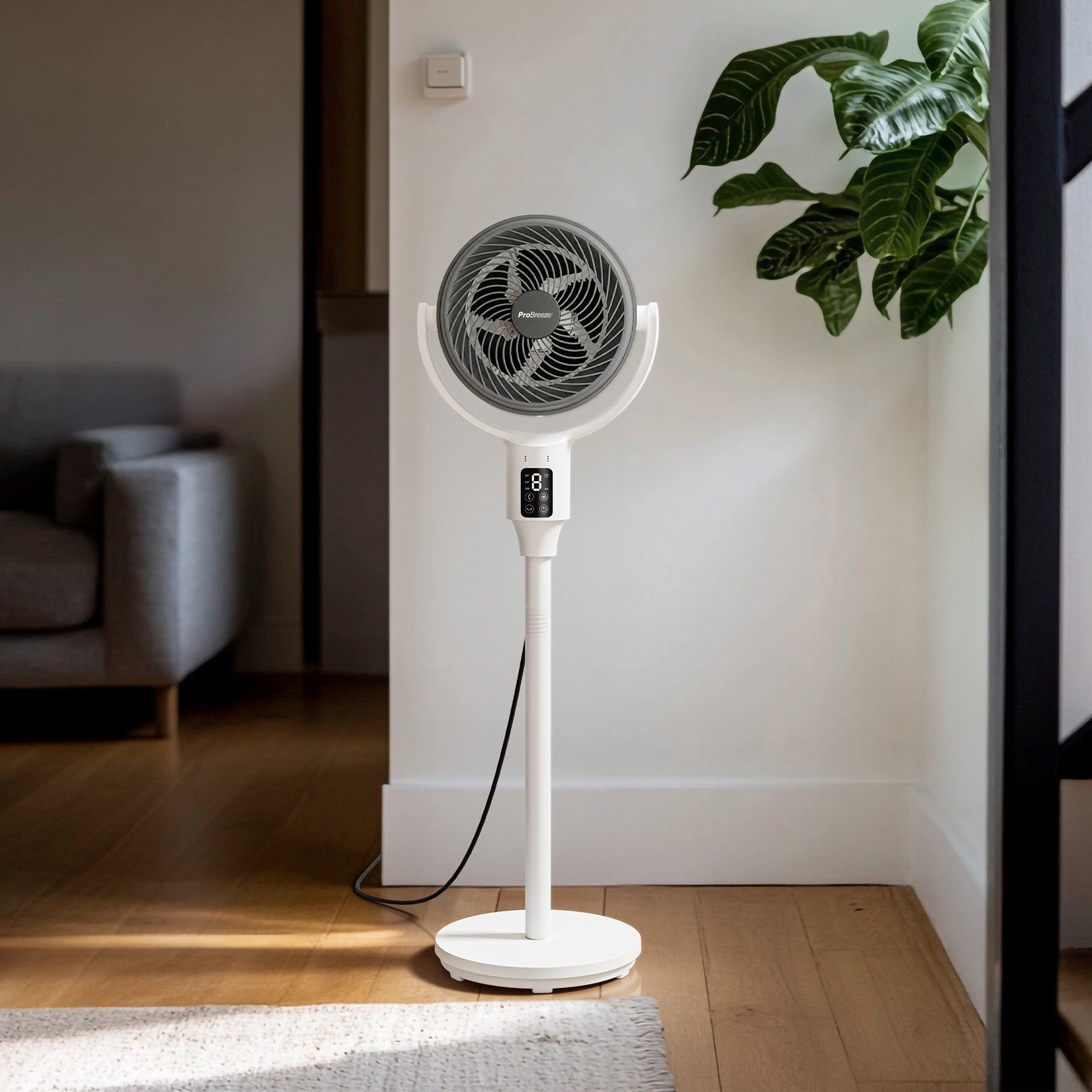 AirFlo™ 43" Smart Hybrid Pedestal Fan - Ultra-Quiet Air Circulator - White/Grey