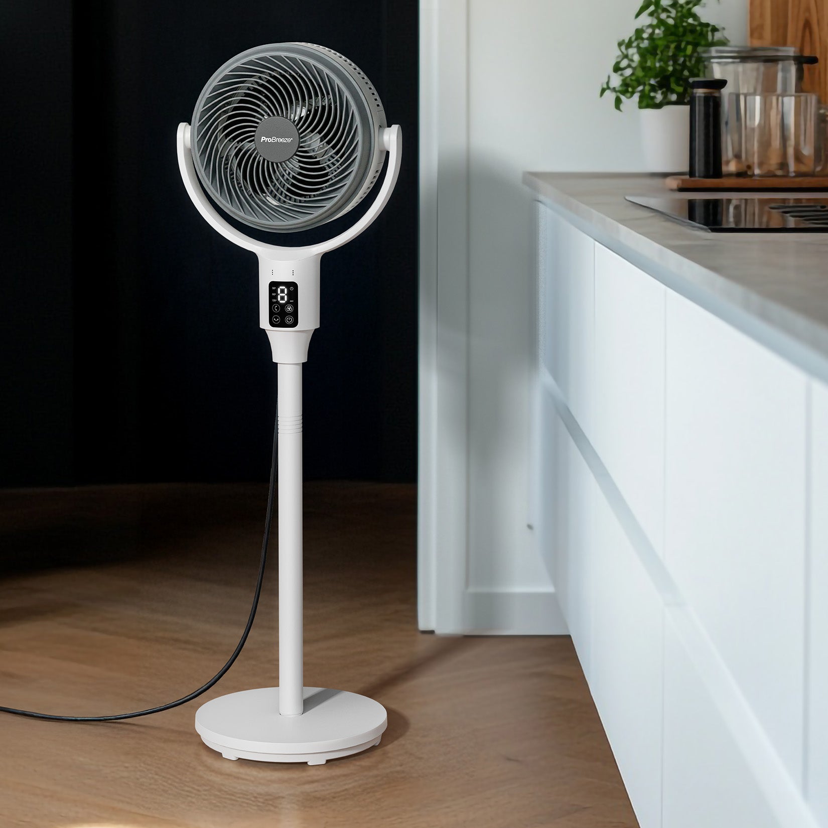 AirFlo™ 43" Smart Hybrid Pedestal Fan - Ultra-Quiet Air Circulator - White/Grey