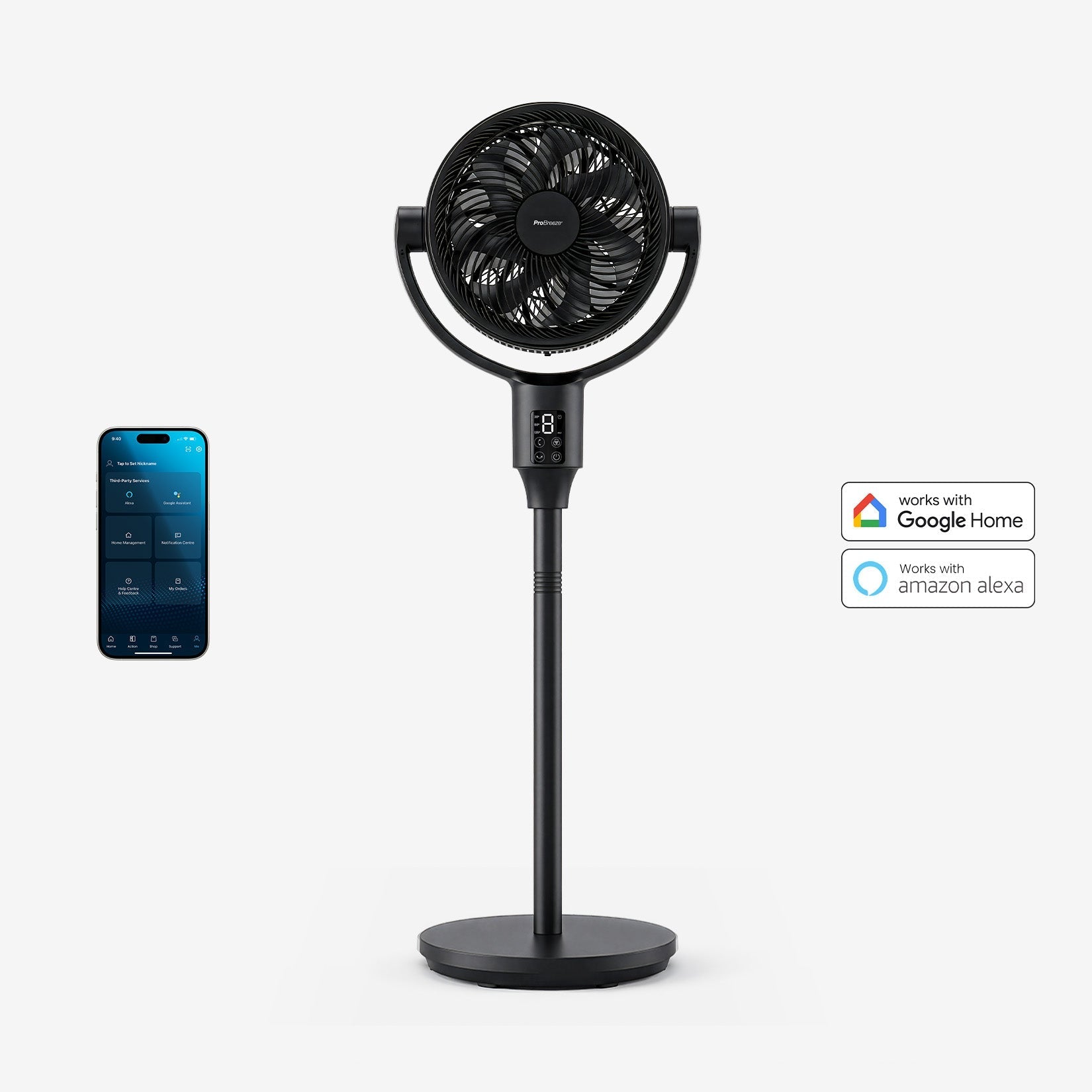 AirFlo Plus™ 44" Smart Hybrid Pedestal Fan - Ultra-Quiet Air Circulator - Black