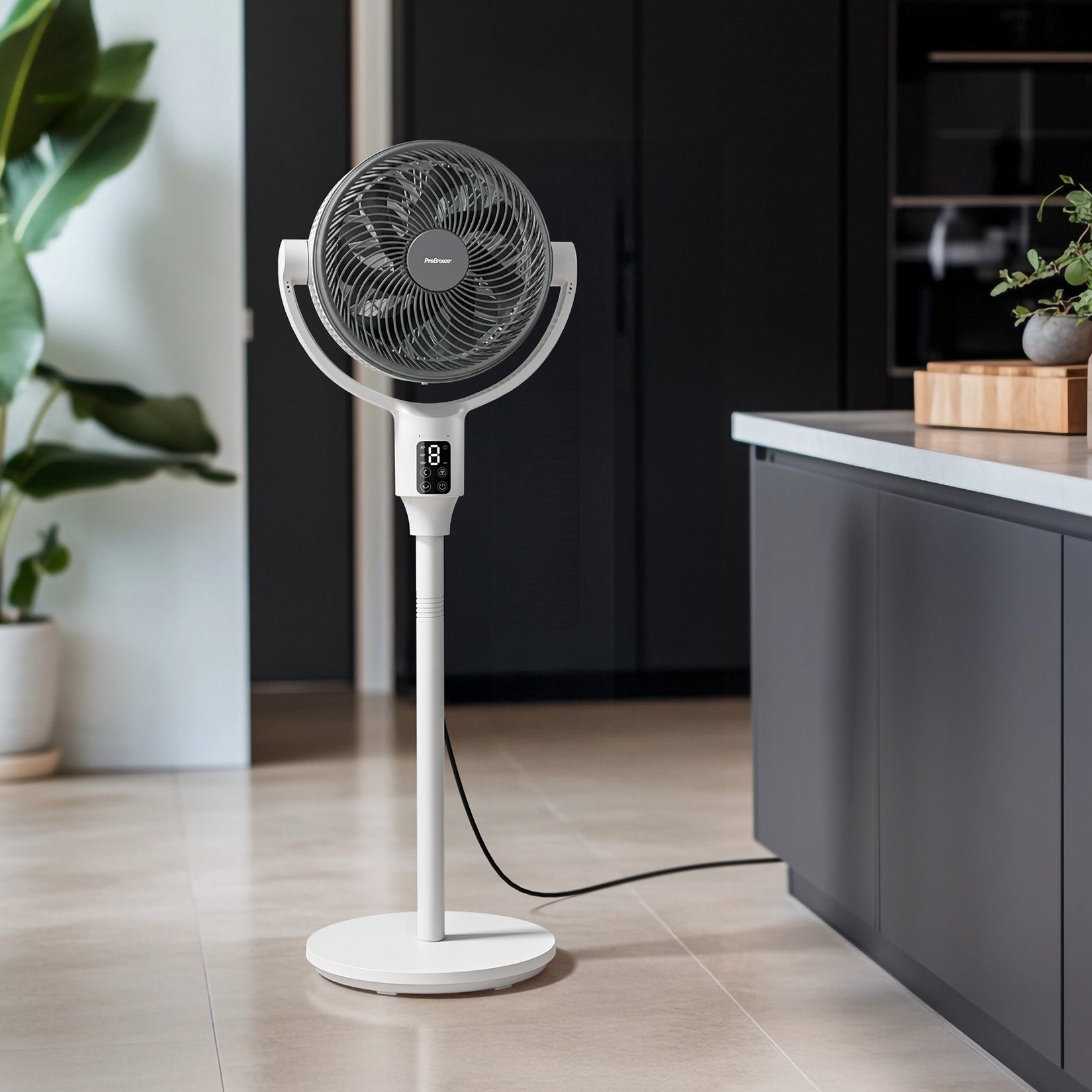 AirFlo Plus™ 44" Smart Hybrid Pedestal Fan - Ultra-Quiet Air Circulator - White/Grey